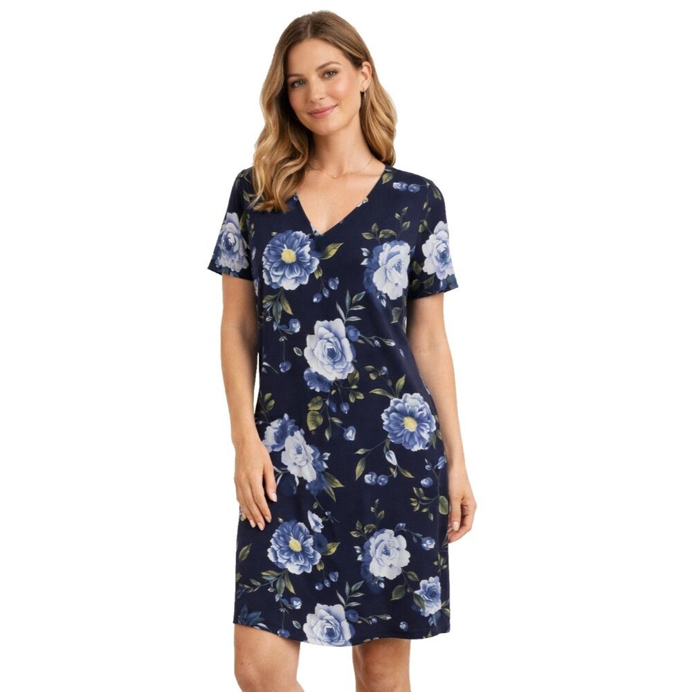 Christian Siriano Shift Dress Womens Large Black Blue Floral Short Sleeve Casual